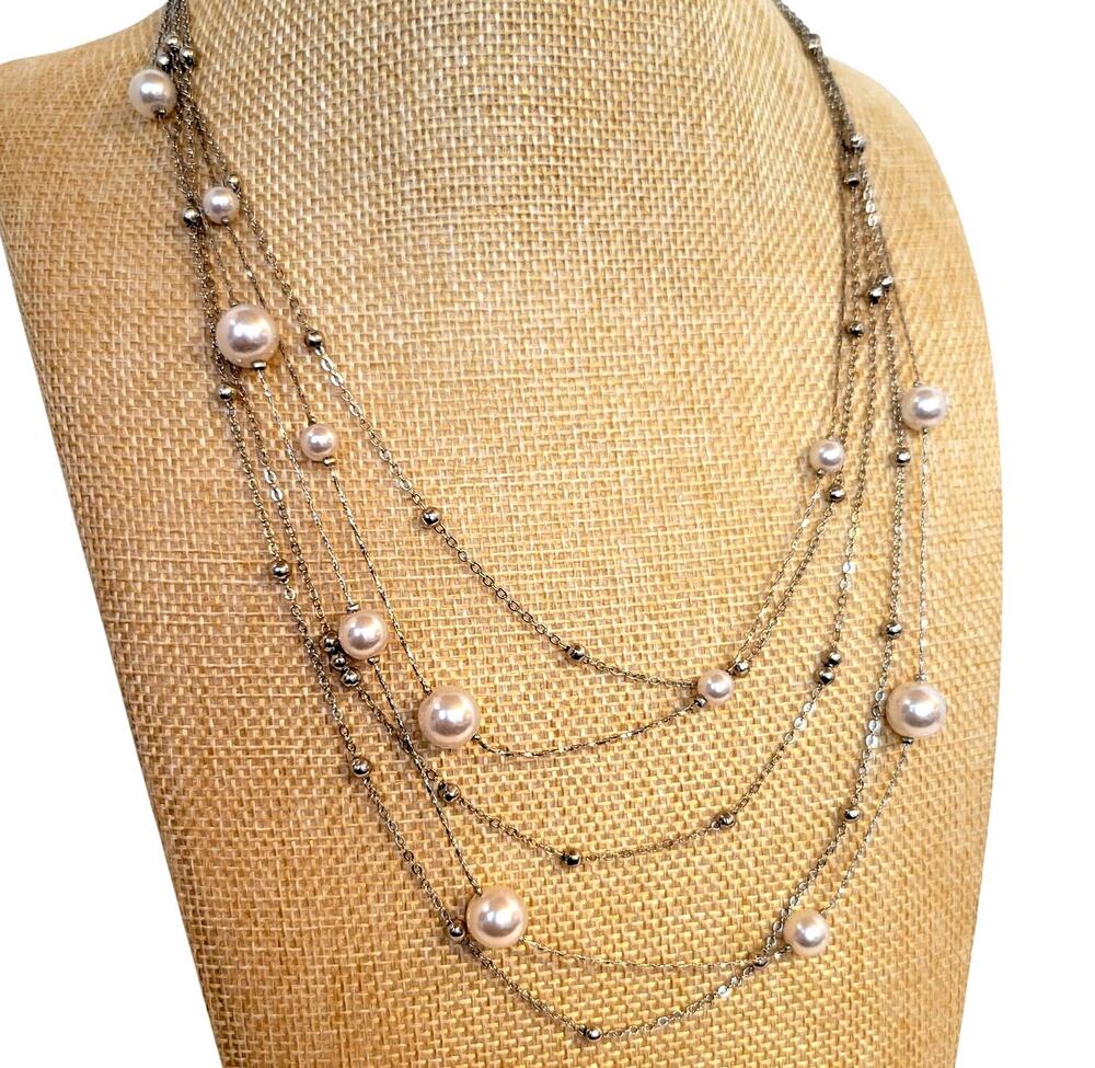 Multi Strand Silver Tone Necklace Faux Pearl Bead 20” Layered Statement Gift Bag